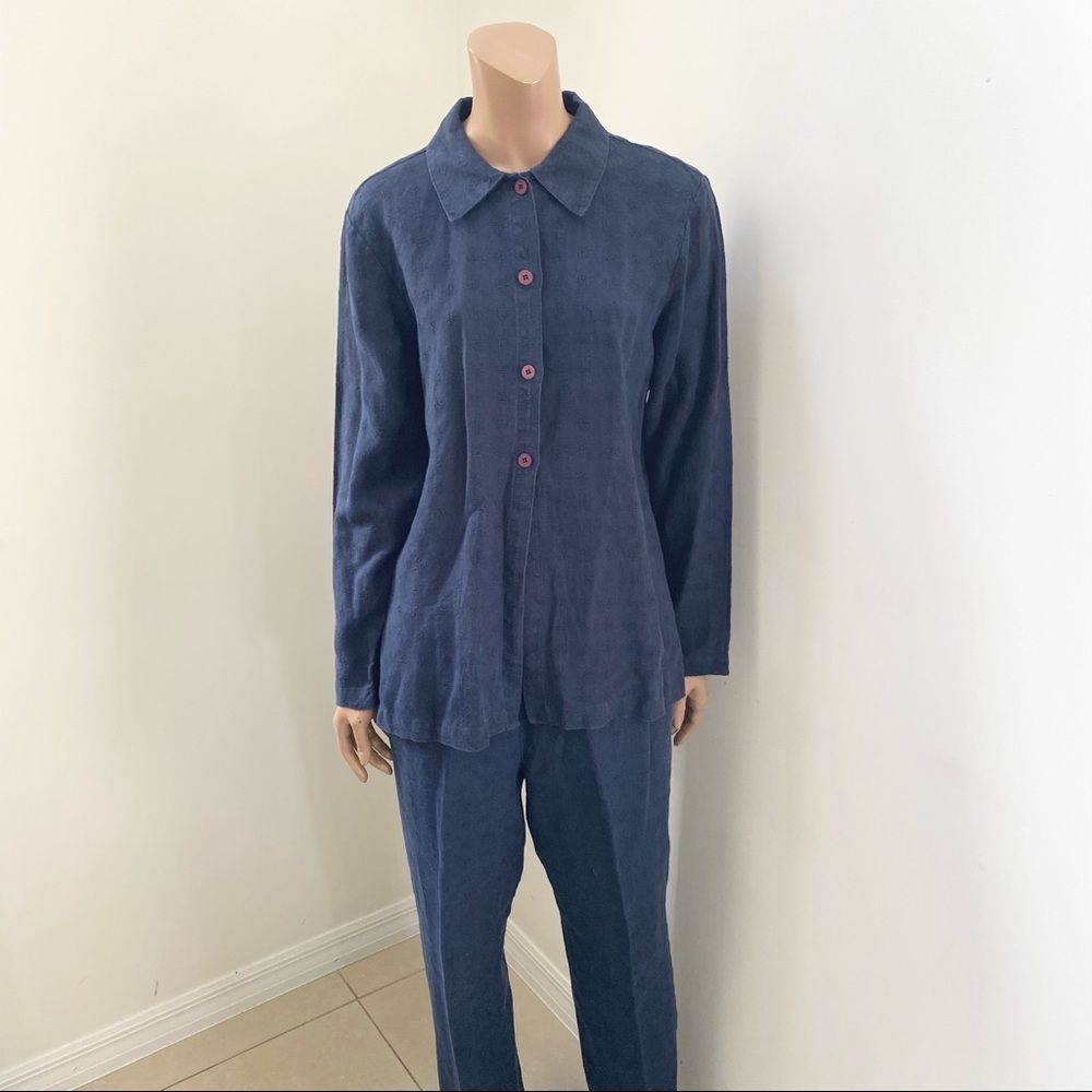 Eileen Fisher Vintage  Navy Blue Linen Shirt Pants Set PS